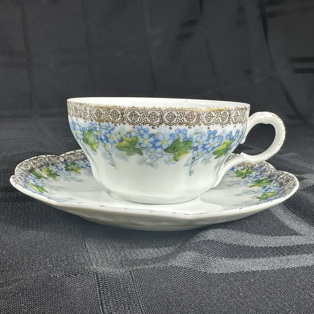 Forget-Me-Not Tea cup Saucer Translucent Fine Porcelain Gold‎ Filigree Ivy ANTQ